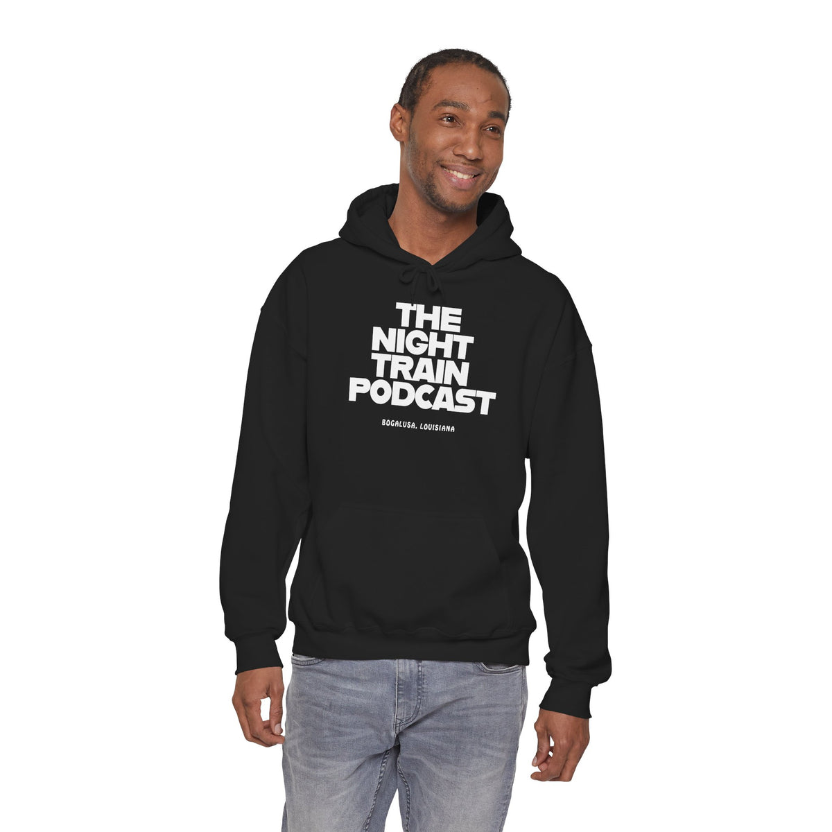 The Night Train Podcast Hoodie — Bold Logo Black Pullover for Fans